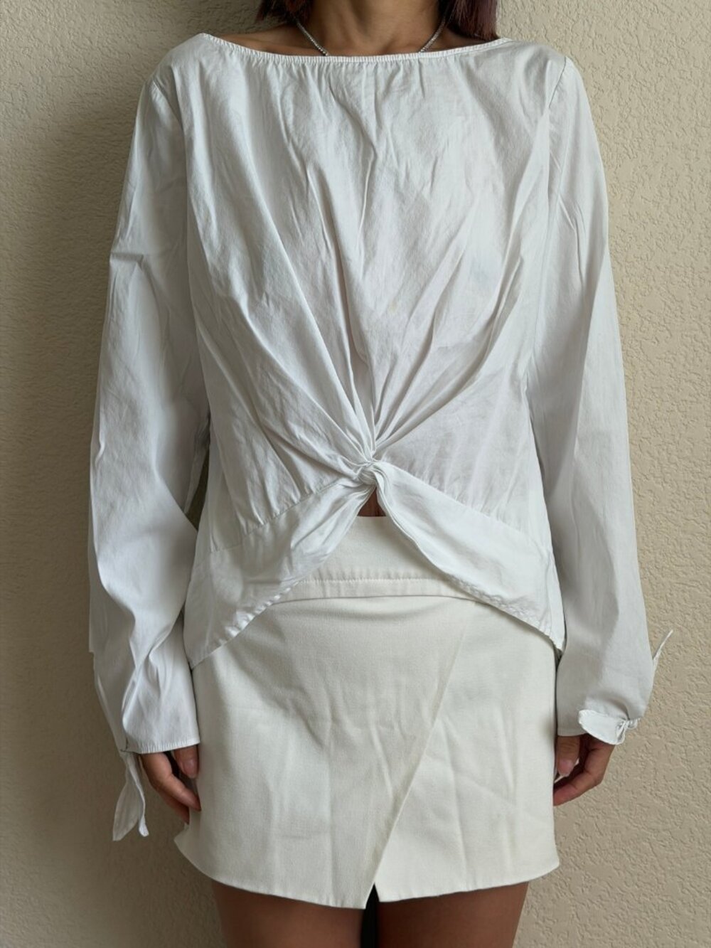 Bebe White Twist Front Long Sleeve Top Boat Neck Size S